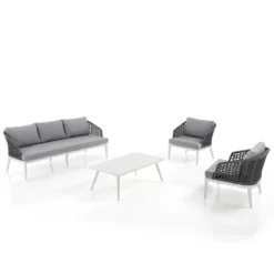 Afteli salotto interno e esterno in alluminio bianco opaco con cuscini tessuto sintetico grigio chiaro