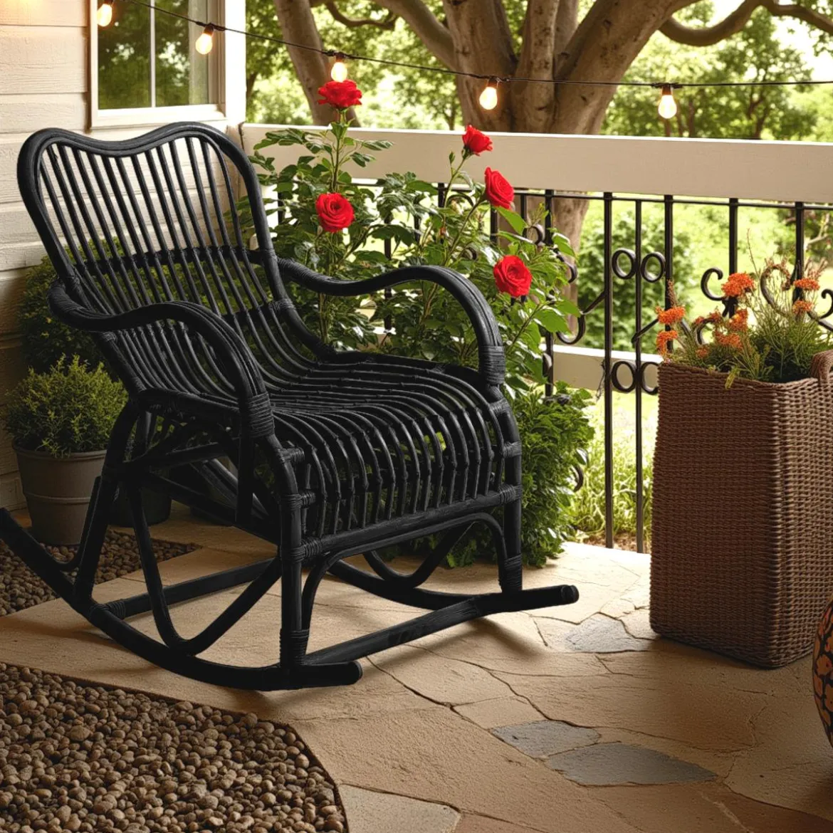 Alpa black sedia a dondolo in rattan nero per interno/esterno 100x85xh85 cm