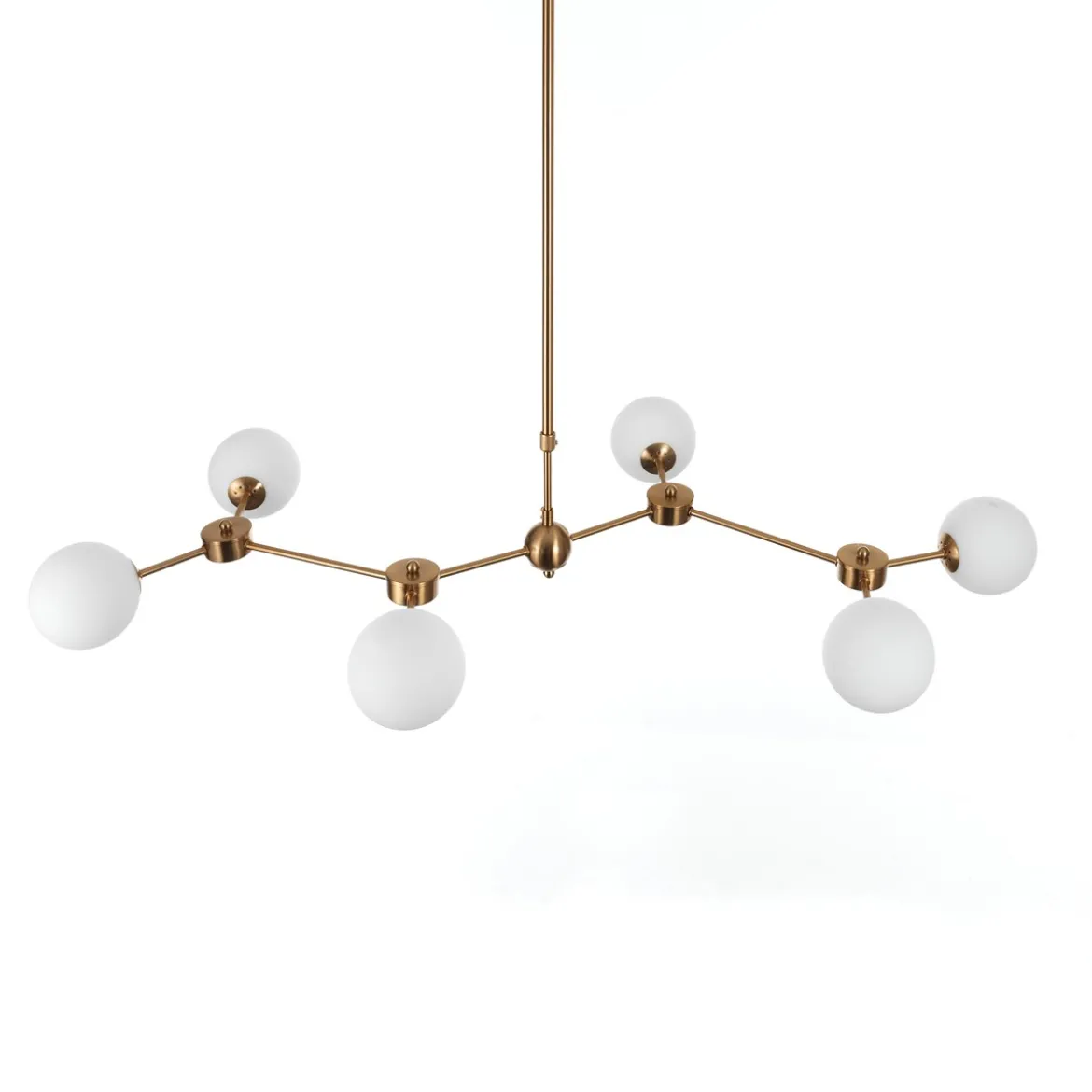 Alycia a lampadario in metallo verniciato ottone opaco e sfere in vetro bianco opaco 120x68 h90-150 cm