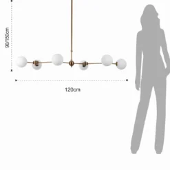 Alycia a lampadario in metallo verniciato ottone opaco e sfere in vetro bianco opaco 120x68 h90-150 cm