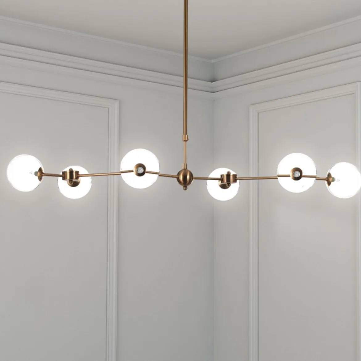 Alycia a lampadario in metallo verniciato ottone opaco e sfere in vetro bianco opaco 120x68 h90-150 cm
