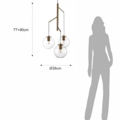 Alycia e lampadario in acciaio oro opaco e 3 sfere in vetro trasparente 115x10xh95-132 cm