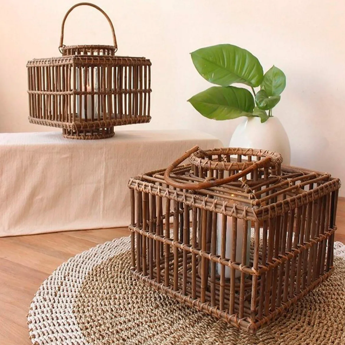 Amla rattan lanterna da interno/esterno in kubu rattan grigio e vetro 35x35xh35 cm