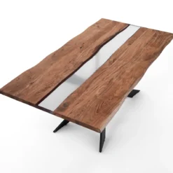 Anubi Tavolo in Legno massello di Acacia con inserti in resina traslucida opaca e base in acciaio nero opaco 195x100 cm
