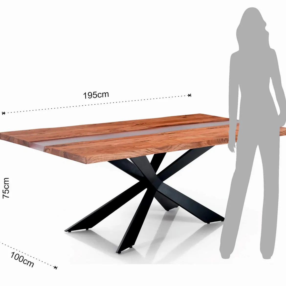 Anubi Tavolo in Legno massello di Acacia con inserti in resina traslucida opaca e base in acciaio nero opaco 195x100 cm