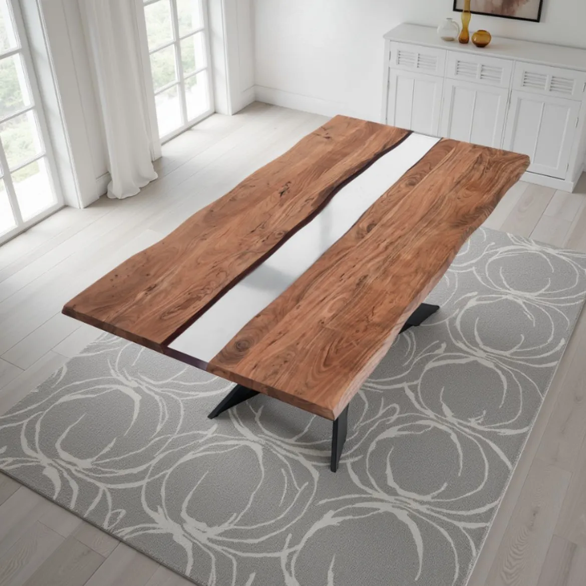 Anubi Tavolo in Legno massello di Acacia con inserti in resina traslucida opaca e base in acciaio nero opaco 195x100 cm