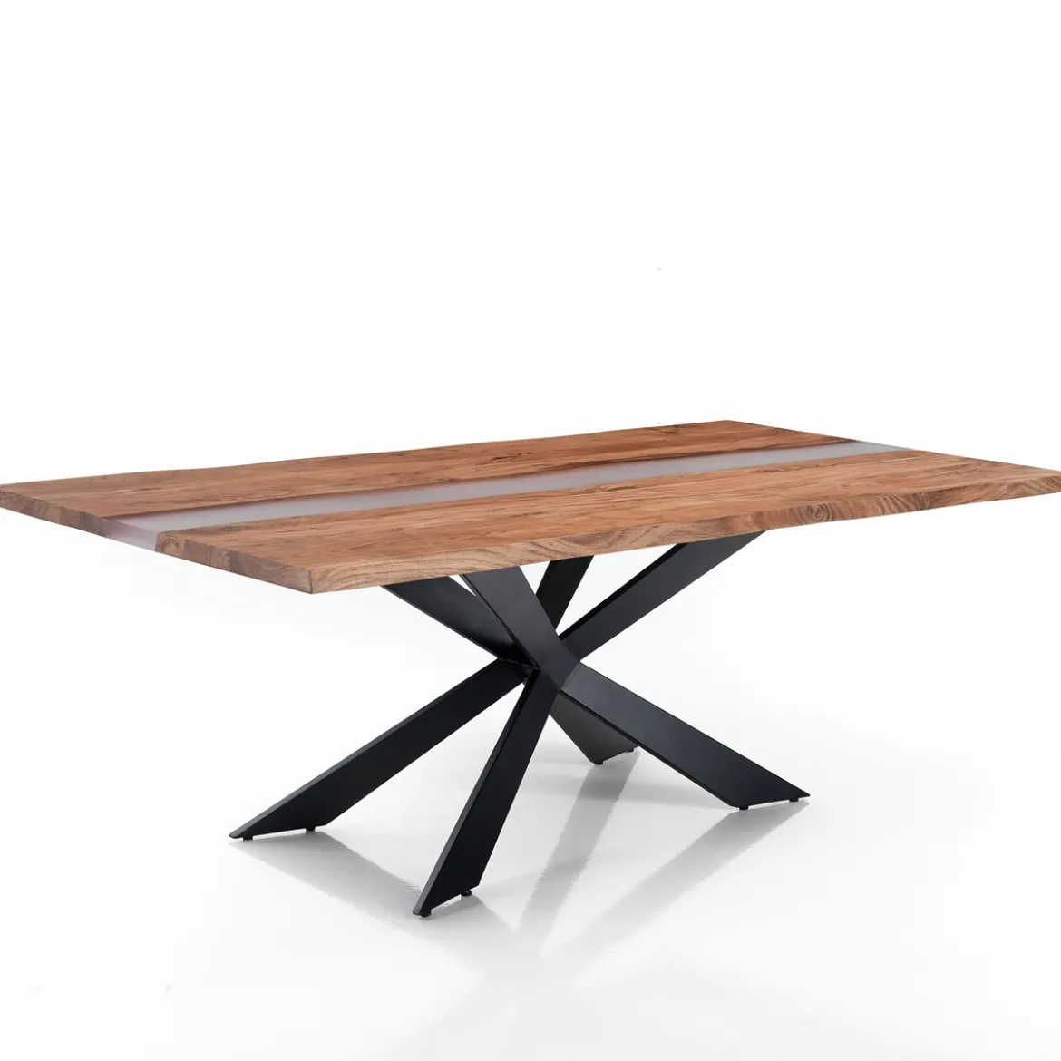 Anubi Tavolo in Legno massello di Acacia con inserti in resina traslucida opaca e base in acciaio nero opaco 195x100 cm