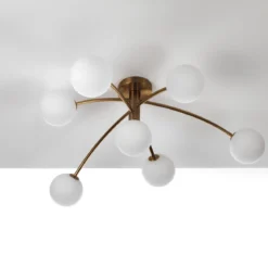 Arches lampadario / plafoniera in acciaio oro opaco e 7 sfere vetro bianco opaco 88x88xh38 cm