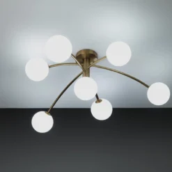 Arches lampadario / plafoniera in acciaio oro opaco e 7 sfere vetro bianco opaco 88x88xh38 cm