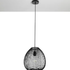 Arcon lampadario in metallo nero opaco con paralume in filo di acciaio e tessuto nero d35 h36 cm