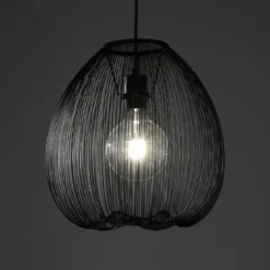Arcon lampadario in metallo nero opaco con paralume in filo di acciaio e tessuto nero d35 h36 cm