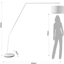 Arko lampada da terra in metallo bianco opaco con paralume in tessuto bianco 220x40 h210 cm