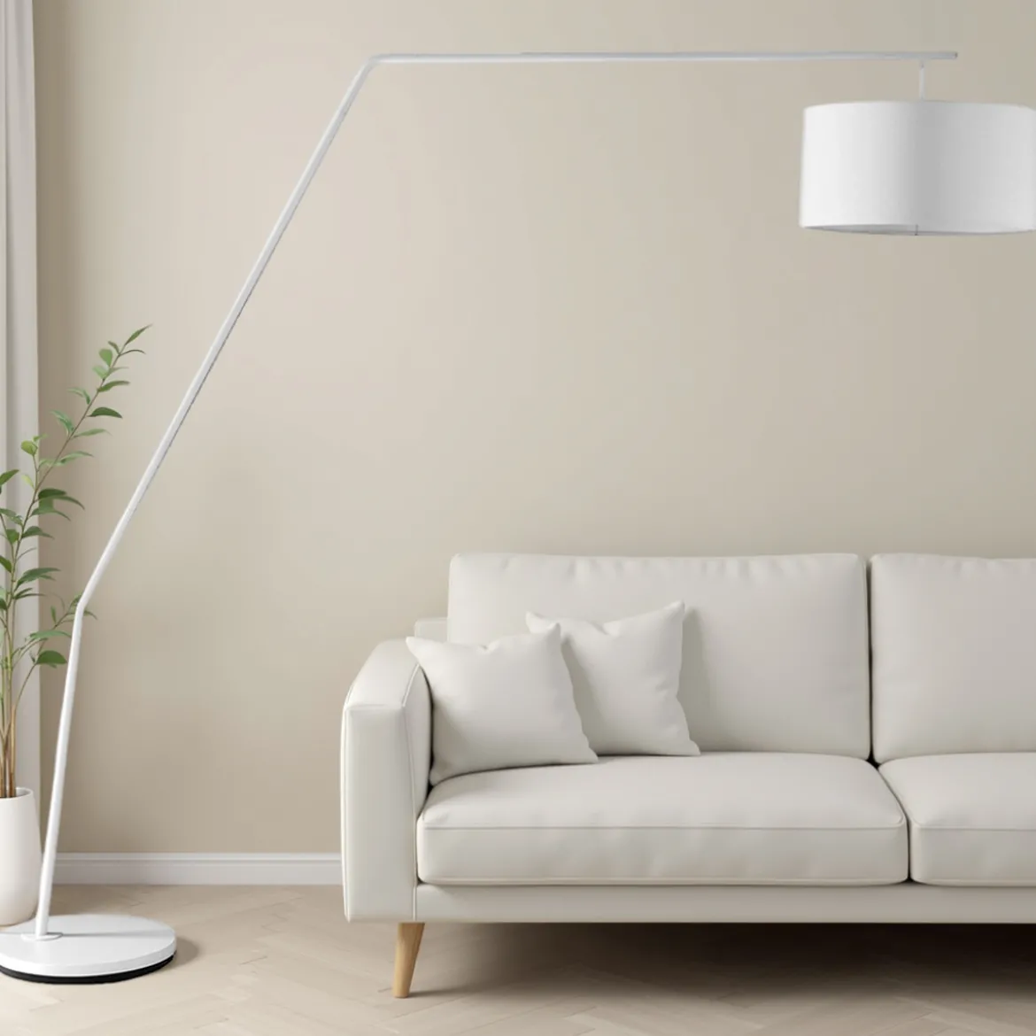 Arko lampada da terra in metallo bianco opaco con paralume in tessuto bianco 220x40 h210 cm