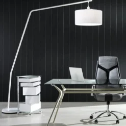 Arko lampada da terra in metallo bianco opaco con paralume in tessuto bianco 220x40 h210 cm