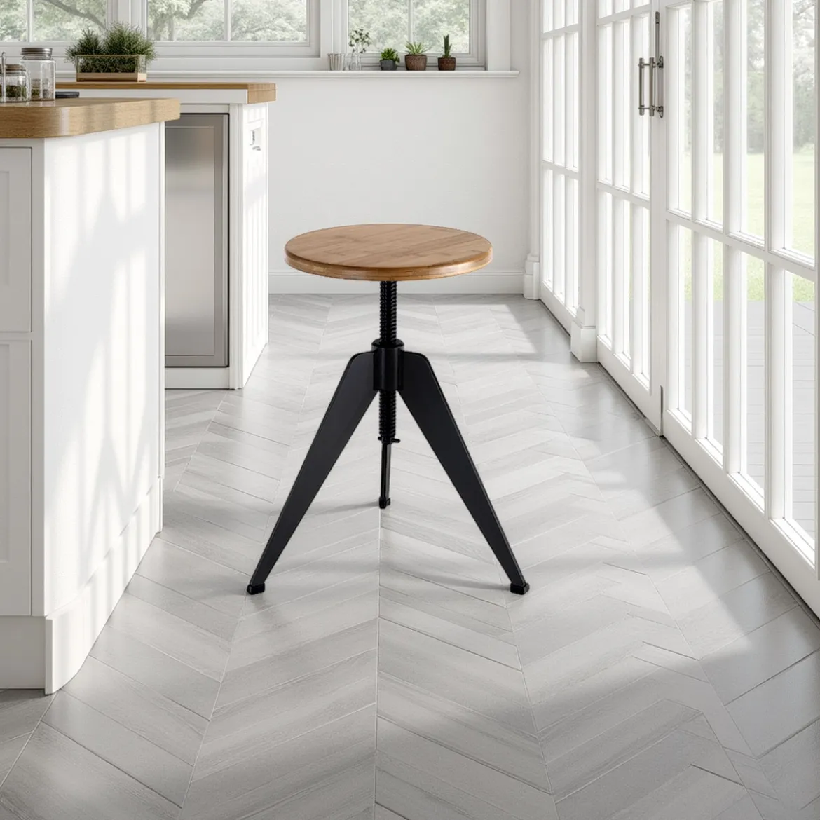 Arko sgabello regolabile a vite in legno finitura rovere e metallo grigio opaco 38x38xh40-60 cm