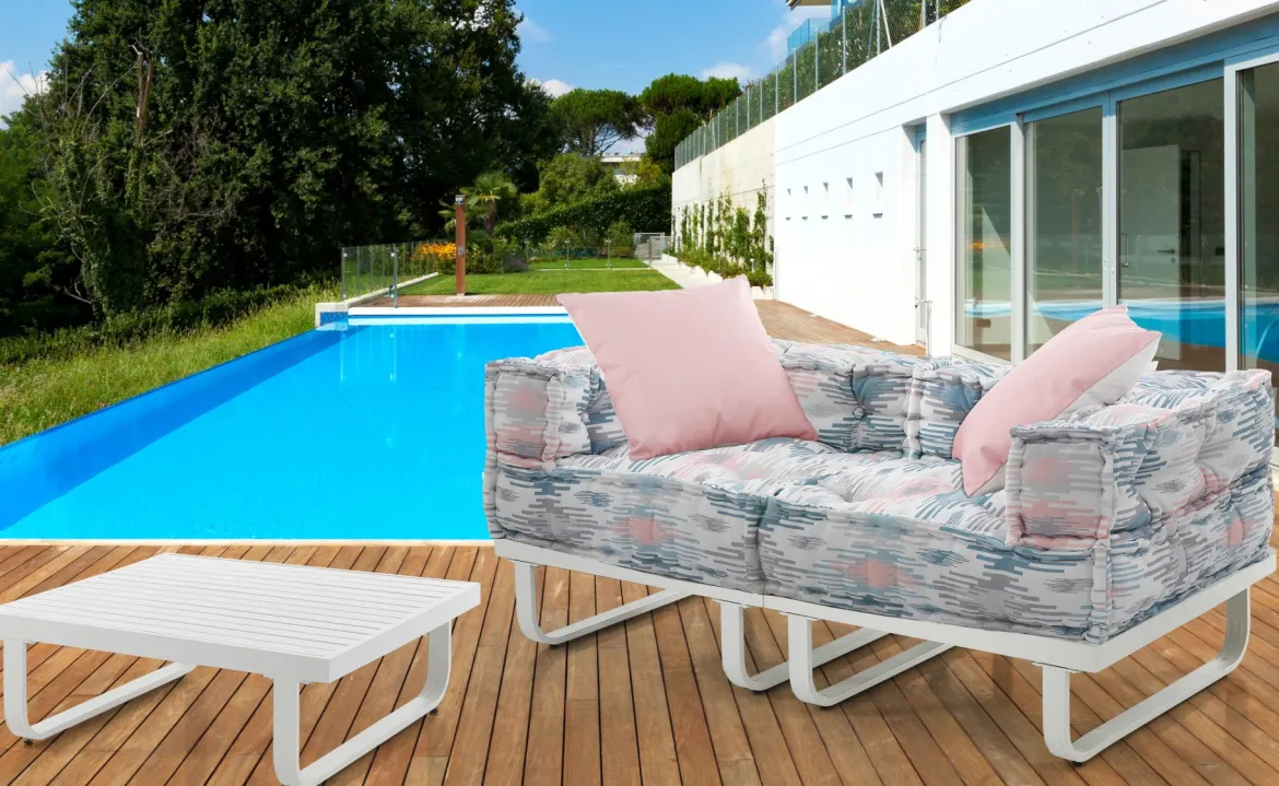 Aron outdoor divano 2 posti basamento alluminio tessuto waterproof cm. l.156 p.78 h.66