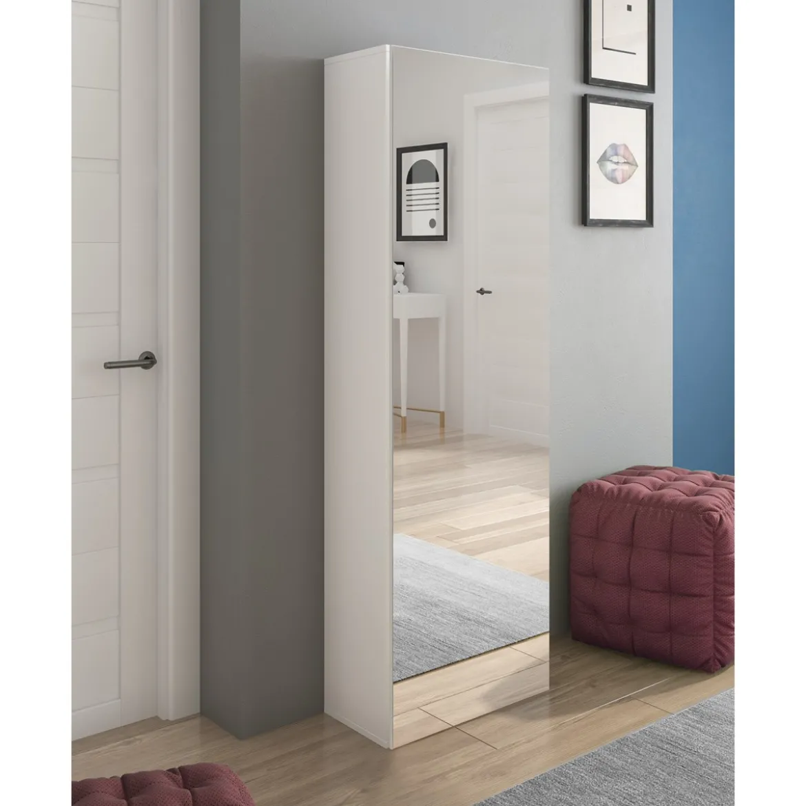 Art guardaroba / scarpiera a colonna bianco finitura larice con anta a specchio 50.5x28xh160 cm
