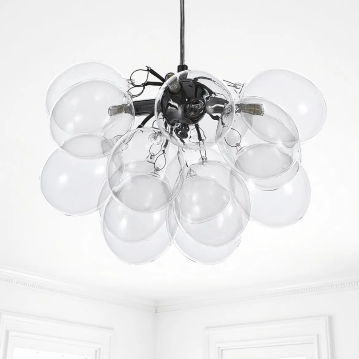 Balloons transparent lampadario in acciaio cromato 17 sfere in vetro trasparente 40x40xh25 cm