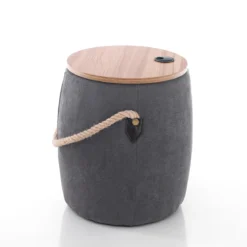 Barril dark grey pouf imbottito contenitore in tessuto grigio scuro e legno finitura rovere d40xh45 cm