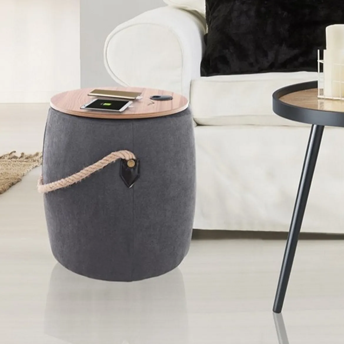 Barril dark grey pouf imbottito contenitore in tessuto grigio scuro e legno finitura rovere d40xh45 cm