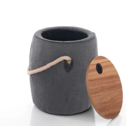 Barril dark grey pouf imbottito contenitore in tessuto grigio scuro e legno finitura rovere d40xh45 cm