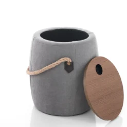 Barril grey pouf contenitore in tessuto grigio e legno finitura rovere d40xh45 cm