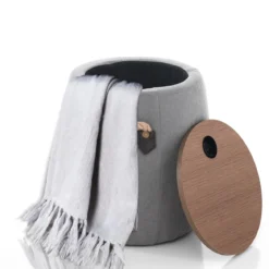 Barril grey pouf contenitore in tessuto grigio e legno finitura rovere d40xh45 cm