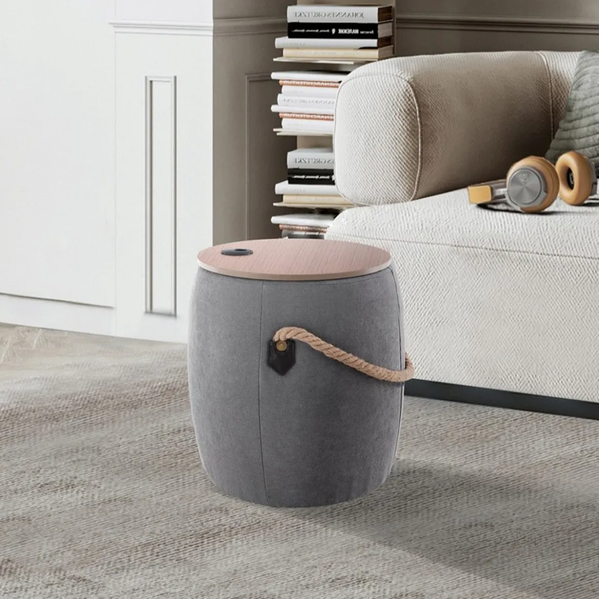 Barril grey pouf contenitore in tessuto grigio e legno finitura rovere d40xh45 cm
