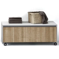 Base c/ruote rovere tranche' e laccata bianco lucido 100x42xh32 cm