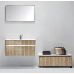 Base sospesa rovere tranchè con lavello e cestone 90x48xh45 cm