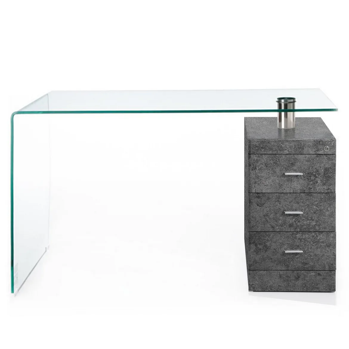 Bow Cement Scrivania in Vetro Curvato Cassettiera con serratura finitura Cemento, 125 x 65 x h 75 cm