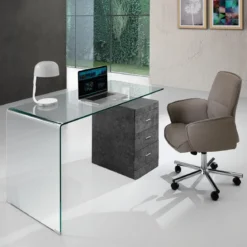 Bow Cement Scrivania in Vetro Curvato Cassettiera con serratura finitura Cemento, 125 x 65 x h 75 cm