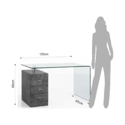 Bow Cement Scrivania in Vetro Curvato Cassettiera con serratura finitura Cemento, 125 x 65 x h 75 cm