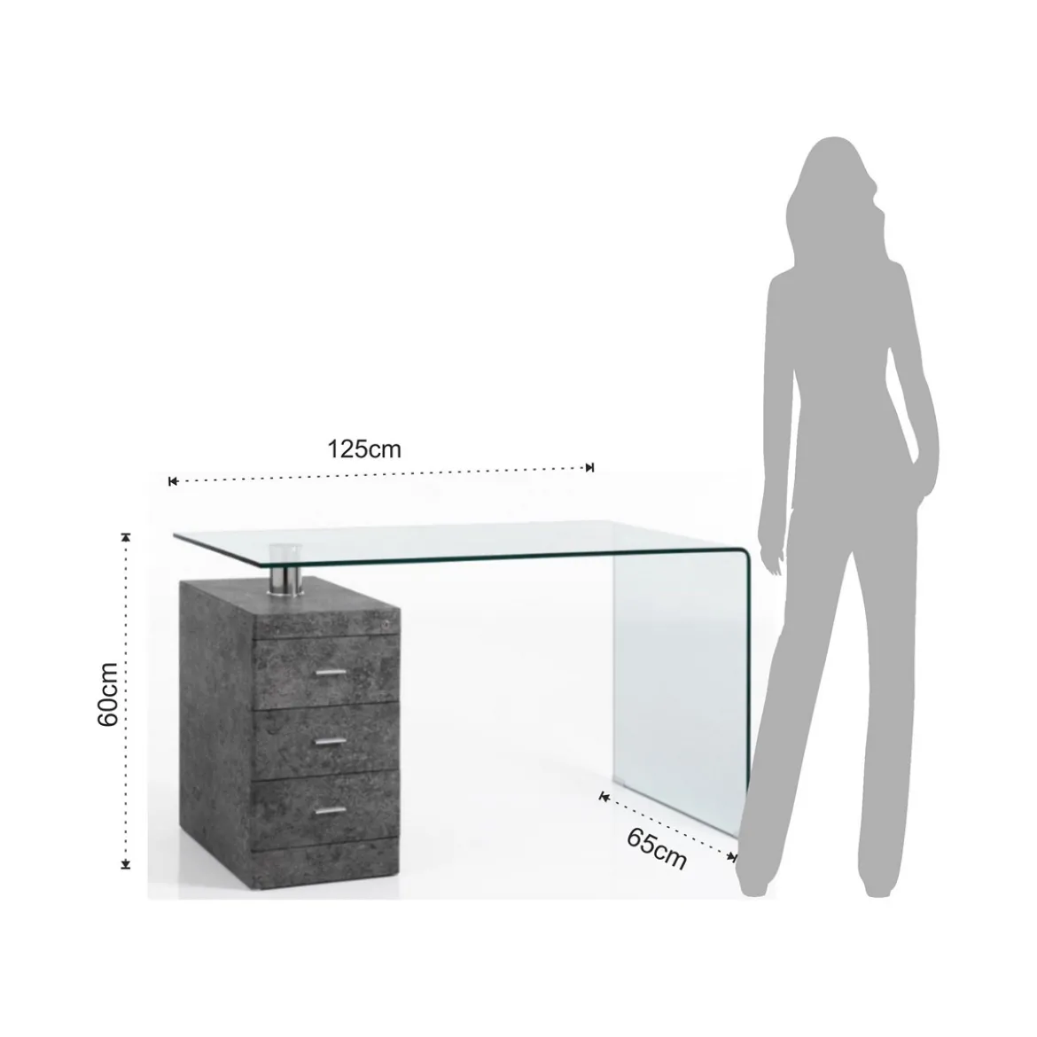 Bow Cement Scrivania in Vetro Curvato Cassettiera con serratura finitura Cemento, 125 x 65 x h 75 cm