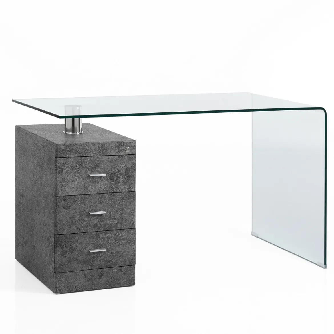 Bow Cement Scrivania in Vetro Curvato Cassettiera con serratura finitura Cemento, 125 x 65 x h 75 cm
