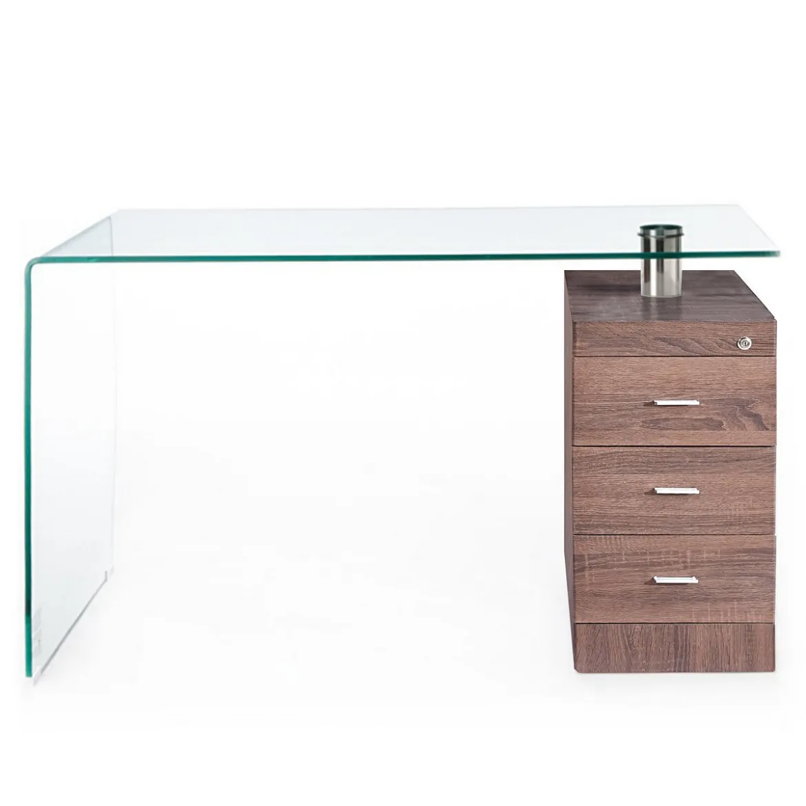 Bow Dark Wood Scrivania in Vetro Curvato Cassettiera con serratura finitura Noce, 125 x 65 x h 75 cm