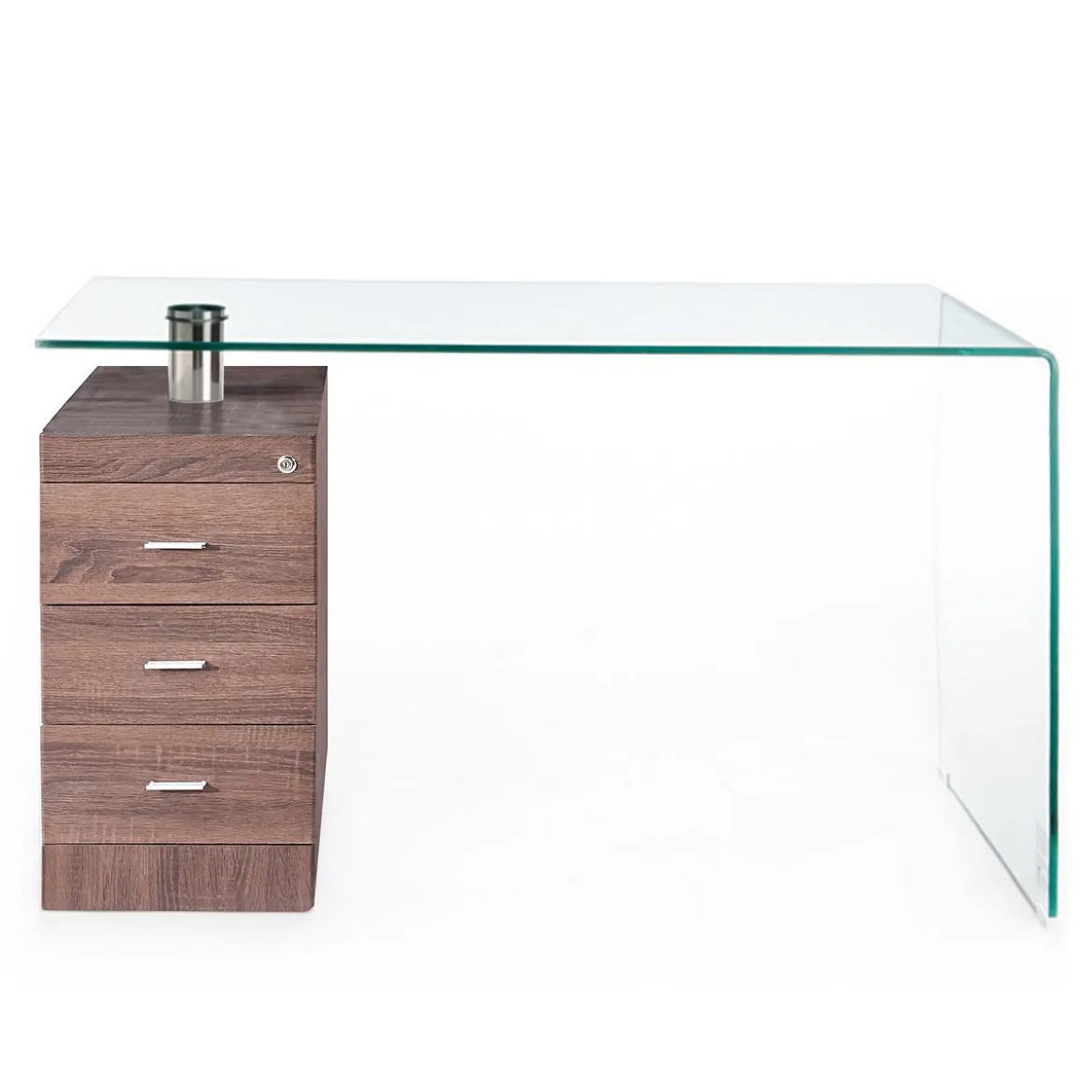 Bow Dark Wood Scrivania in Vetro Curvato Cassettiera con serratura finitura Noce, 125 x 65 x h 75 cm
