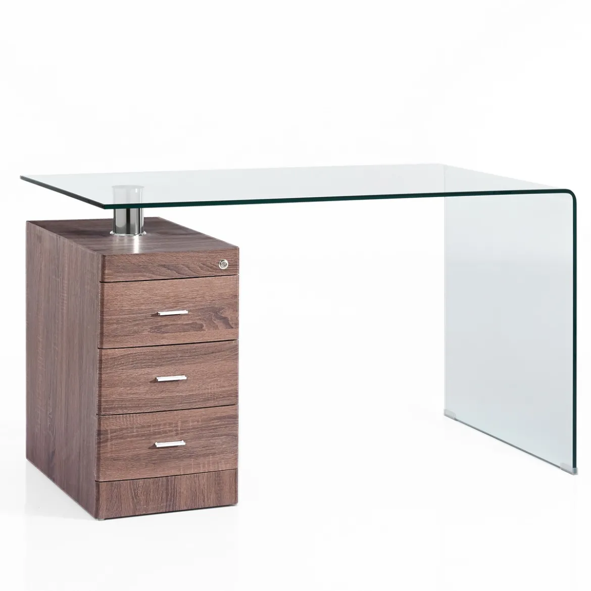Bow Dark Wood Scrivania in Vetro Curvato Cassettiera con serratura finitura Noce, 125 x 65 x h 75 cm