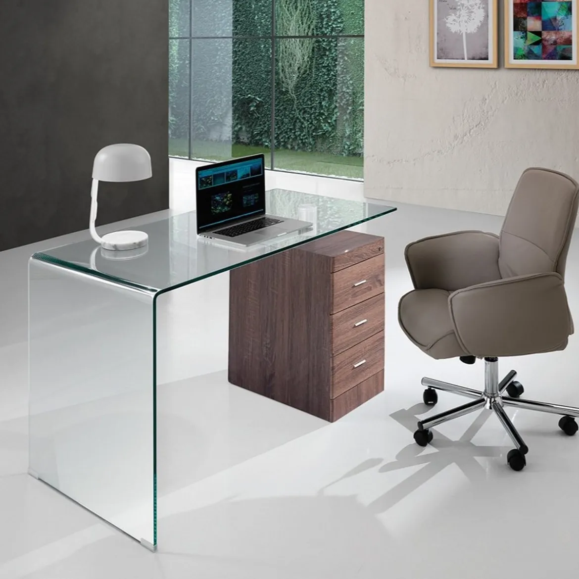 Bow Dark Wood Scrivania in Vetro Curvato Cassettiera con serratura finitura Noce, 125 x 65 x h 75 cm