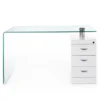 Bow Scrivania in Vetro Curvato Cassettiera con serratura Laccata Bianco Opaco, 125 x 65 x h 75 cm