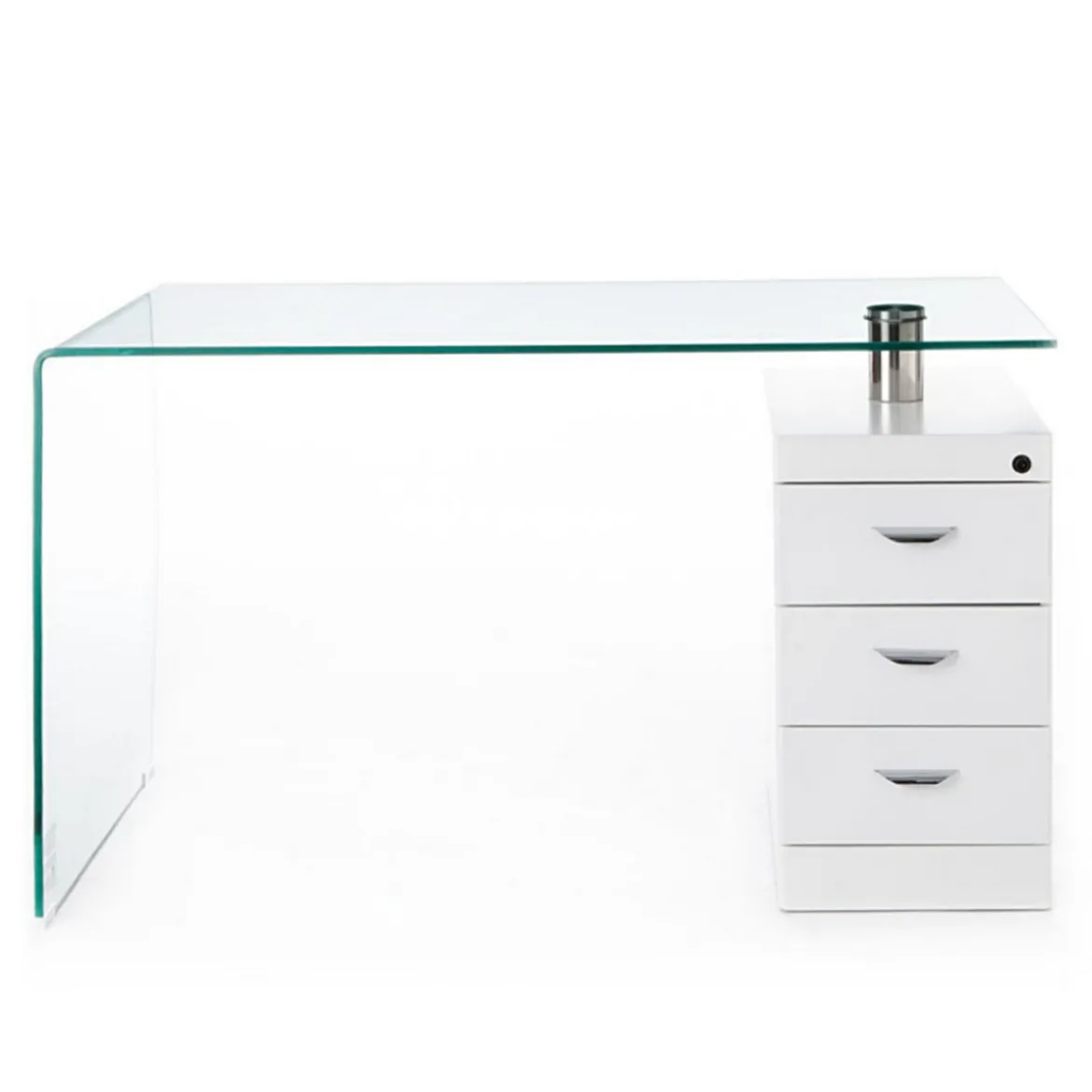 Bow Scrivania in Vetro Curvato Cassettiera con serratura Laccata Bianco Opaco, 125 x 65 x h 75 cm