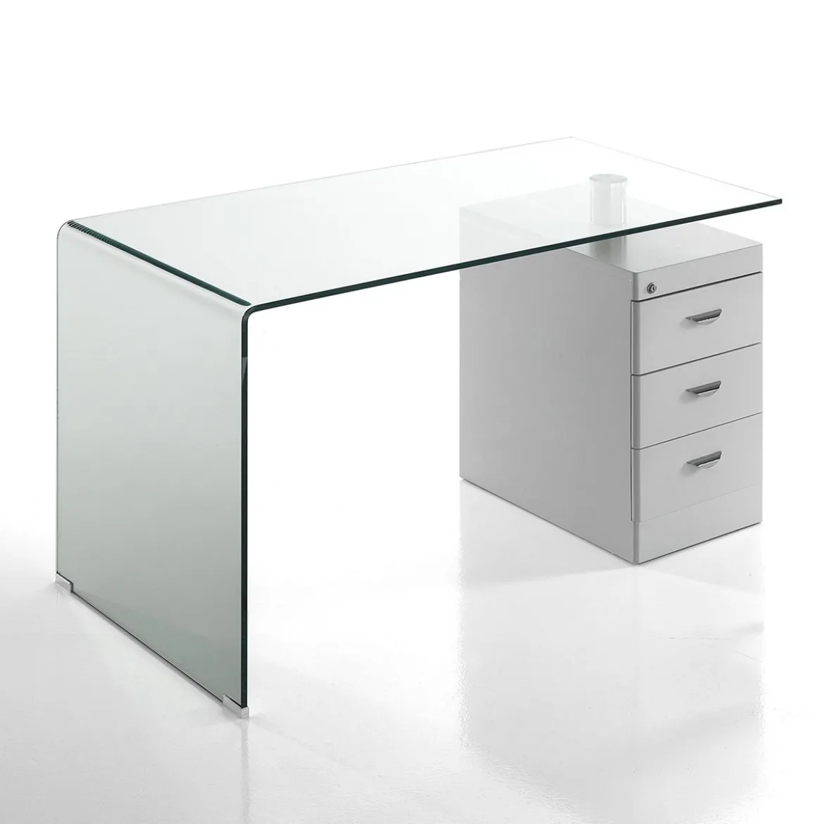 Bow Scrivania in Vetro Curvato Cassettiera con serratura Laccata Bianco Opaco, 125 x 65 x h 75 cm