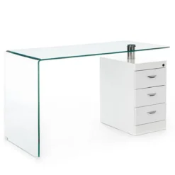 Bow Scrivania in Vetro Curvato Cassettiera con serratura Laccata Bianco Opaco, 125 x 65 x h 75 cm