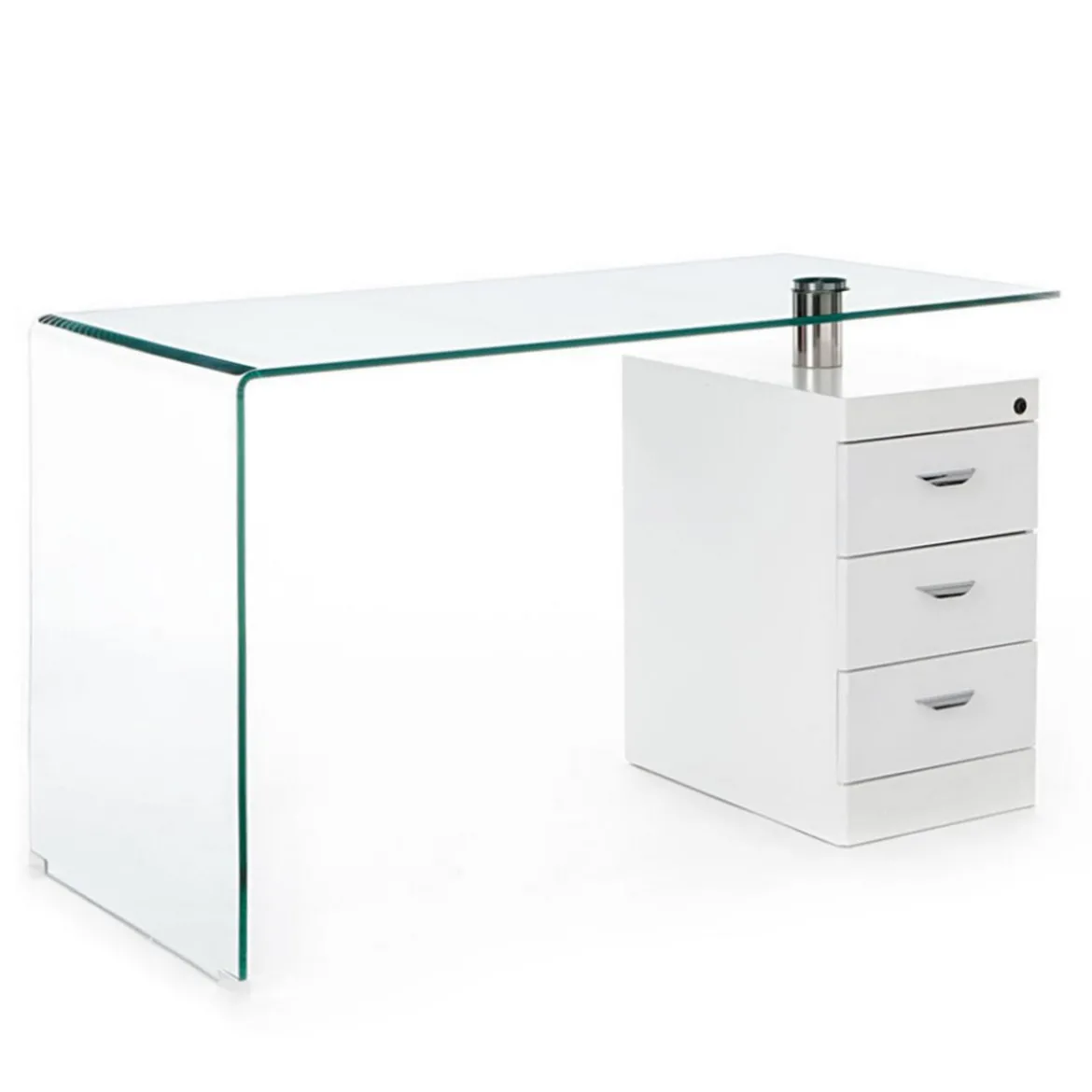 Bow Scrivania in Vetro Curvato Cassettiera con serratura Laccata Bianco Opaco, 125 x 65 x h 75 cm