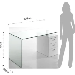 Bow Scrivania in Vetro Curvato Cassettiera con serratura Laccata Bianco Opaco, 125 x 65 x h 75 cm
