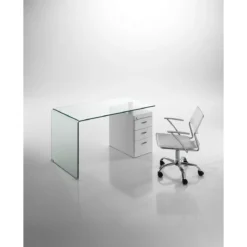 Bow Scrivania in Vetro Curvato Cassettiera con serratura Laccata Bianco Opaco, 125 x 65 x h 75 cm
