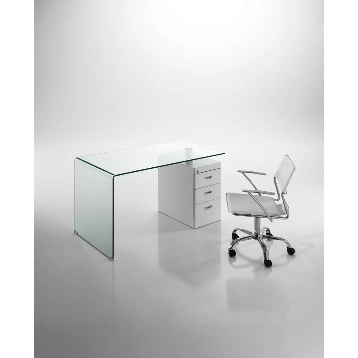 Bow Scrivania in Vetro Curvato Cassettiera con serratura Laccata Bianco Opaco, 125 x 65 x h 75 cm