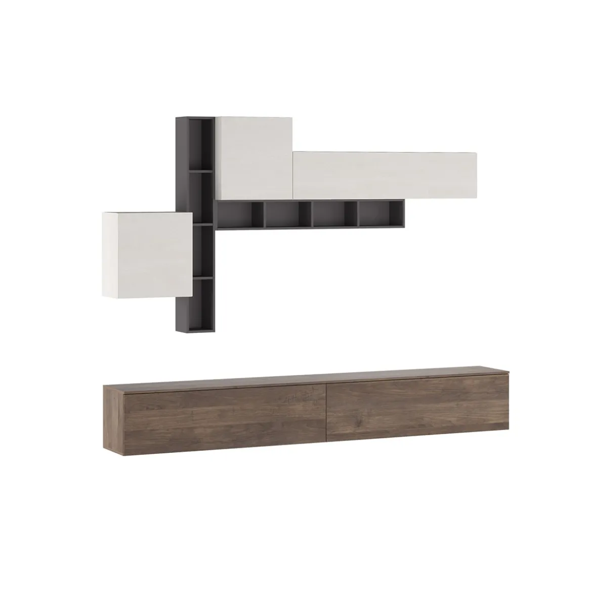 Brenda Noce parete soggiorno attrezzata librerie basi pensili melaminico grigio graphite noce bianco spatolato h200 l276 p40