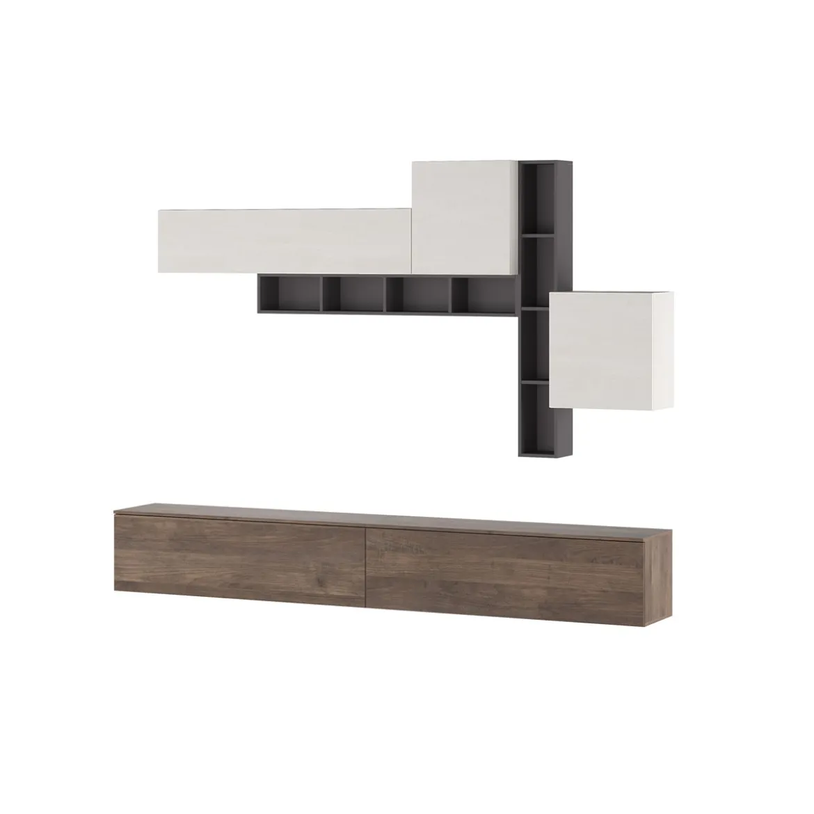 Brenda Noce parete soggiorno attrezzata librerie basi pensili melaminico grigio graphite noce bianco spatolato h200 l276 p40