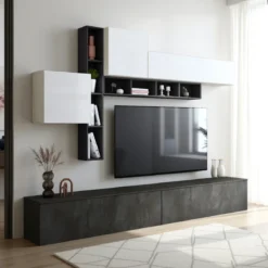 Brenda Ossido parete soggiorno attrezzata librerie basi pensili melaminico grigio graphite ossido bianco spatolato h200 l276 p40